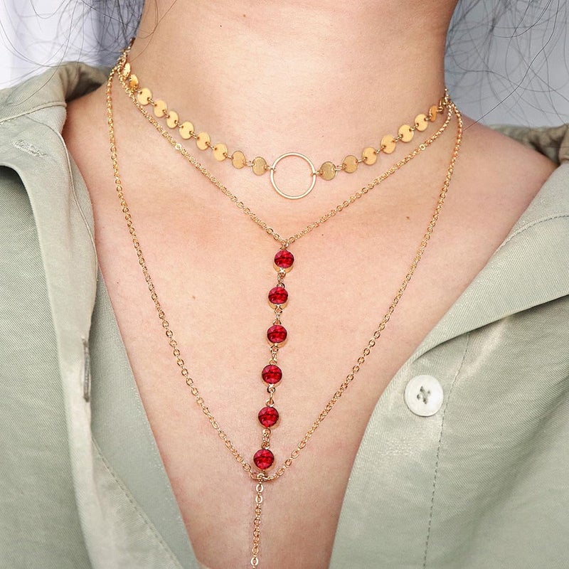 Suyi Stylish Layered Sequins Choker Necklace with Thin Long Chian Pendant for Women Lady - Image 3